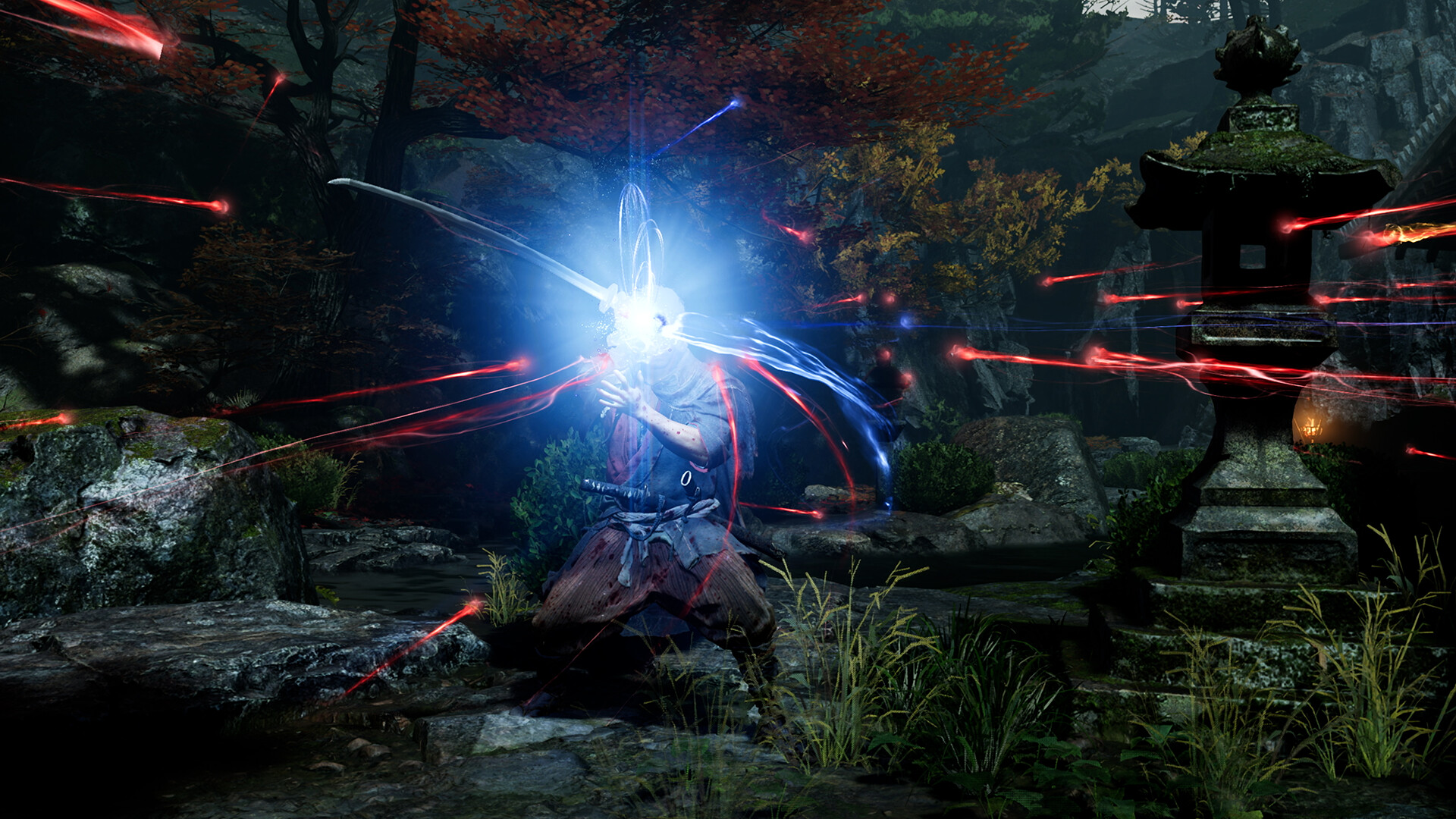 Onimusha: Way of the Sword: a sword strike bursts outward in blue and red light during an exchange.