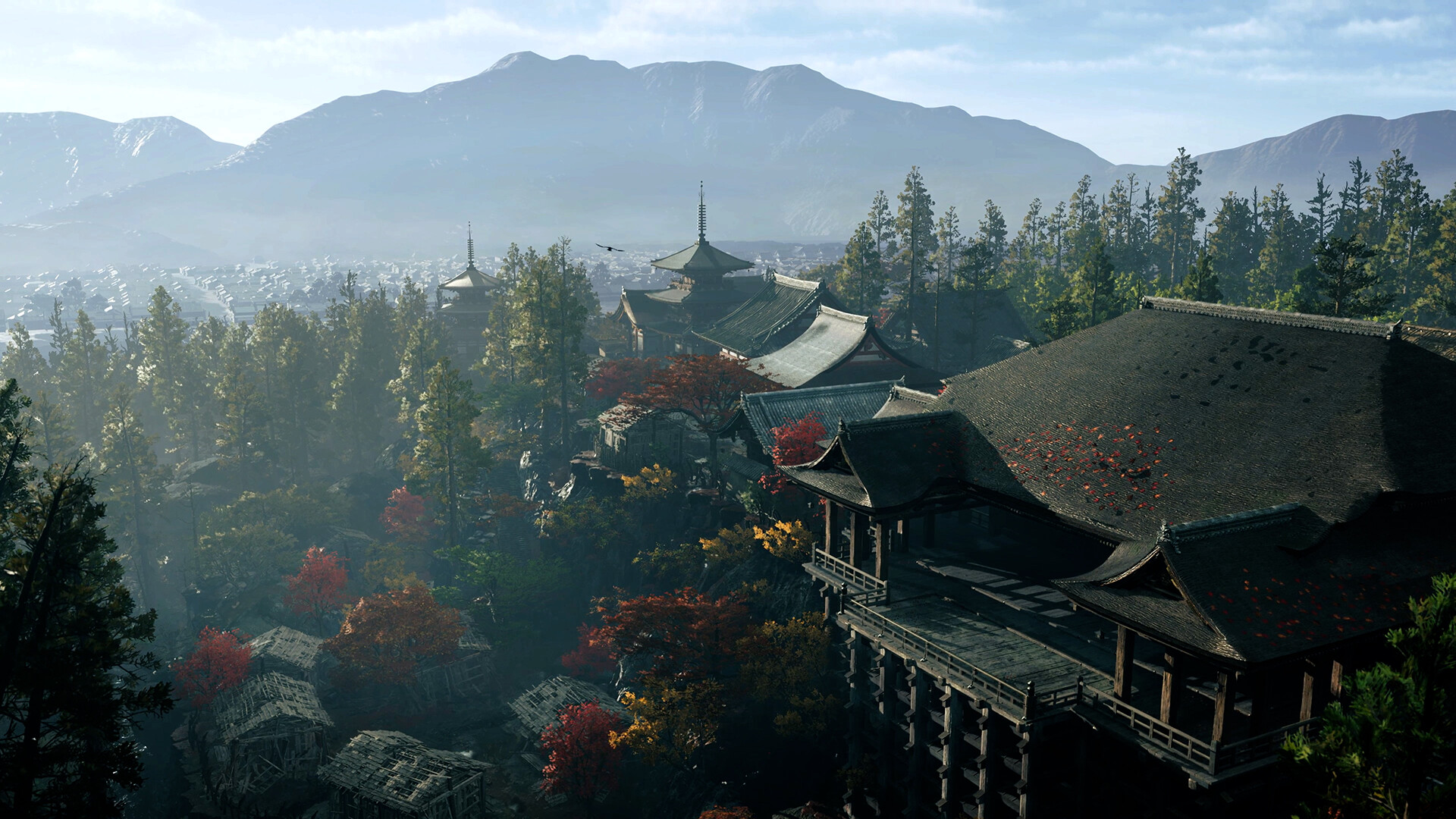 Onimusha: Way of the Sword: a temple district on a wooded hillside above the city of Kyoto.