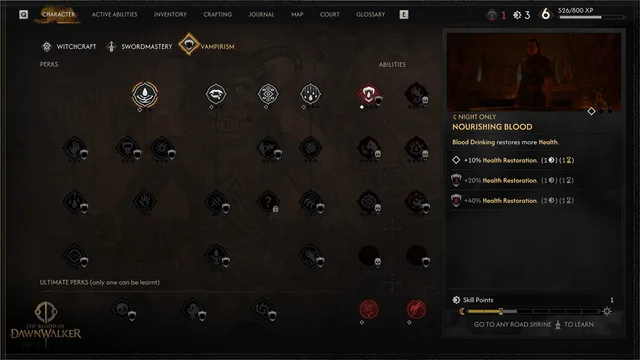 The Vampirism skill tree with Nourishing Blood selected and learning costs displayed.