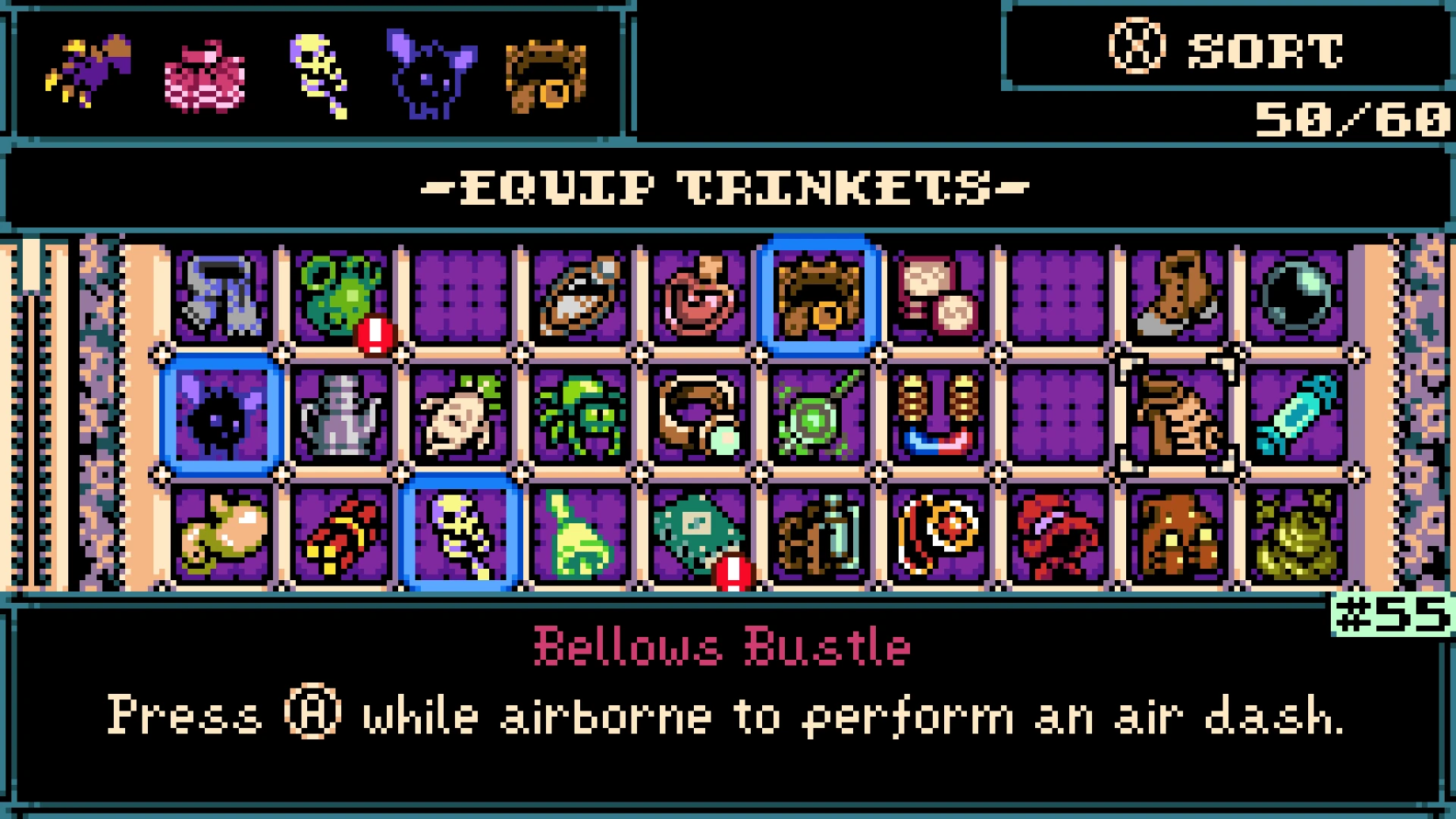 Official Mina the Hollower screenshot of the Equip Trinkets menu: a grid of collected Trinkets, a 50/60 counter and a description of the Bellows Bustle Trinket, which performs an air dash.