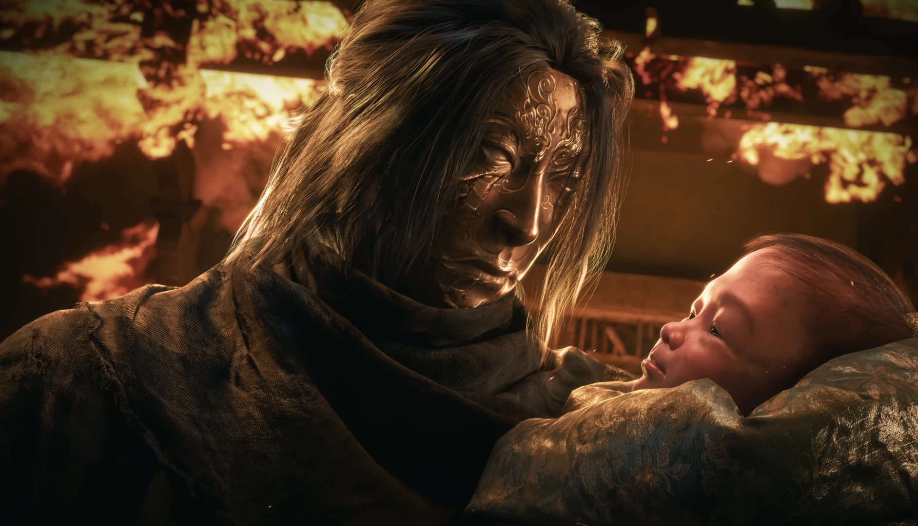 Official Phantom Blade Zero screenshot of a long-haired figure with a metallic, patterned face cradling an infant in front of flames.