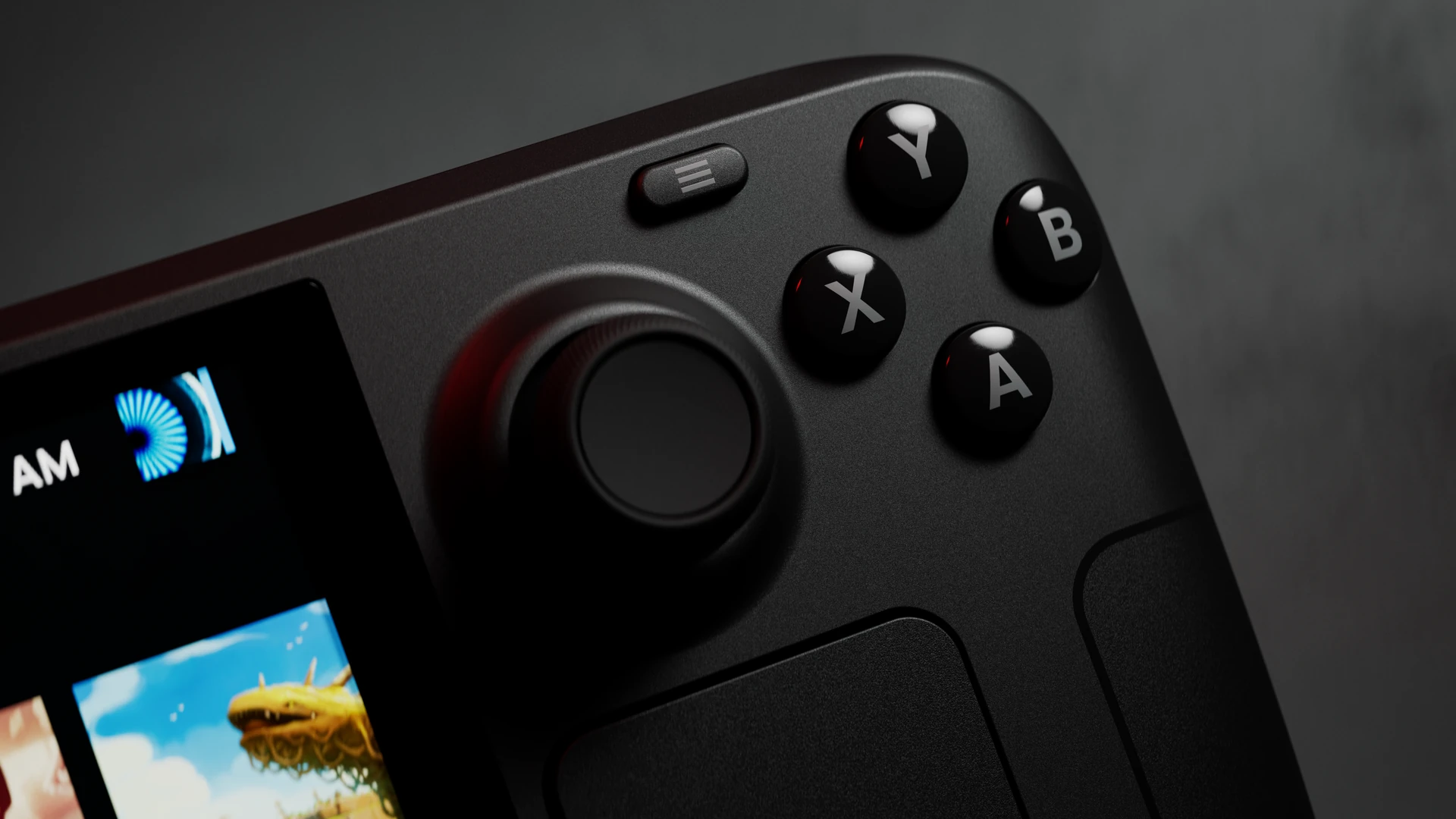 Close-up Valve render of the Steam Deck OLED's right-hand controls: the A, B, X and Y buttons, the menu button, the right thumbstick and the top of the right trackpad, next to the edge of the lit screen.