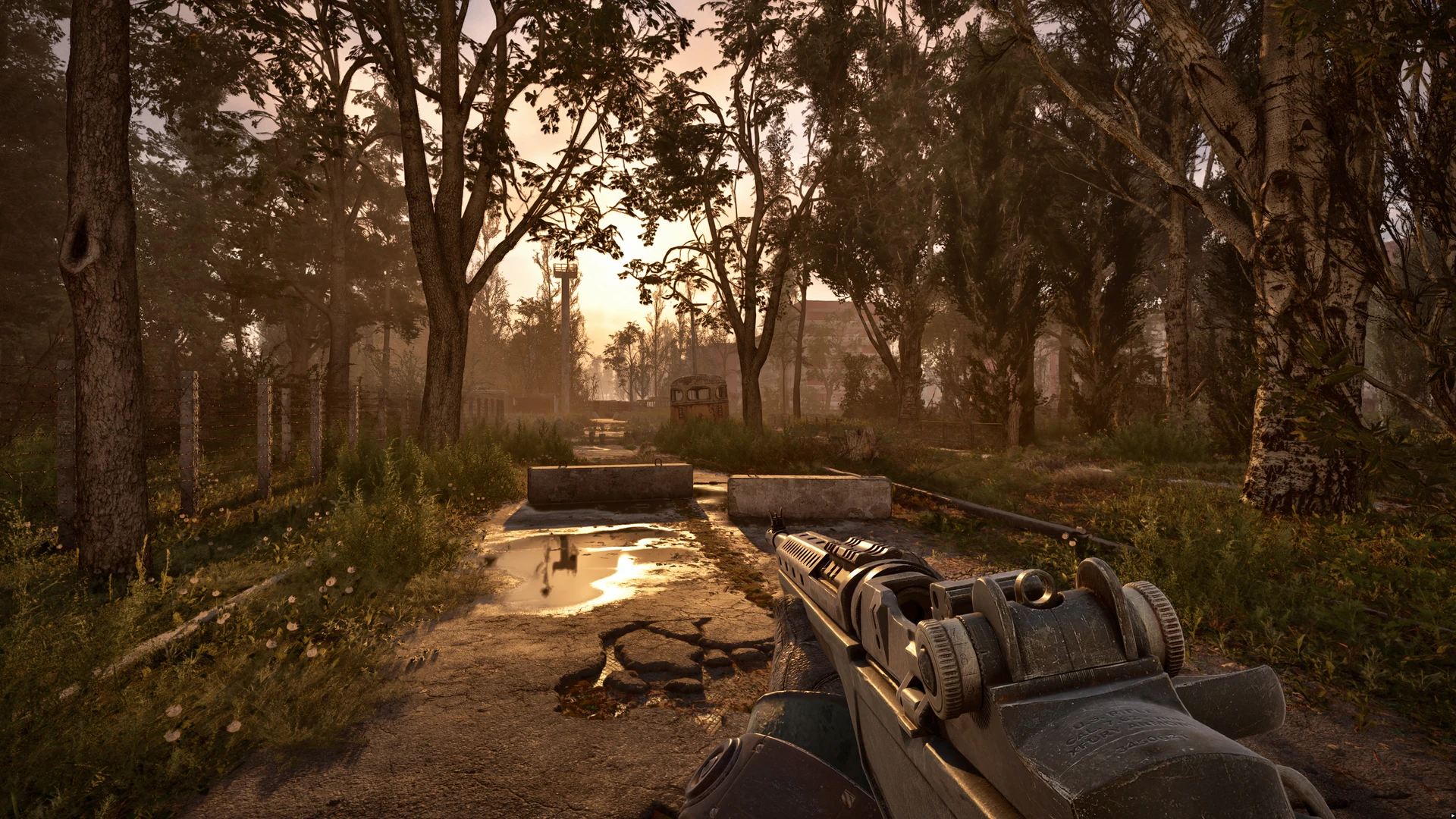 A cracked road running through birch woodland toward a low sun, with puddles reflecting the light, concrete blocks across the verge and a rifle held at the lower right.