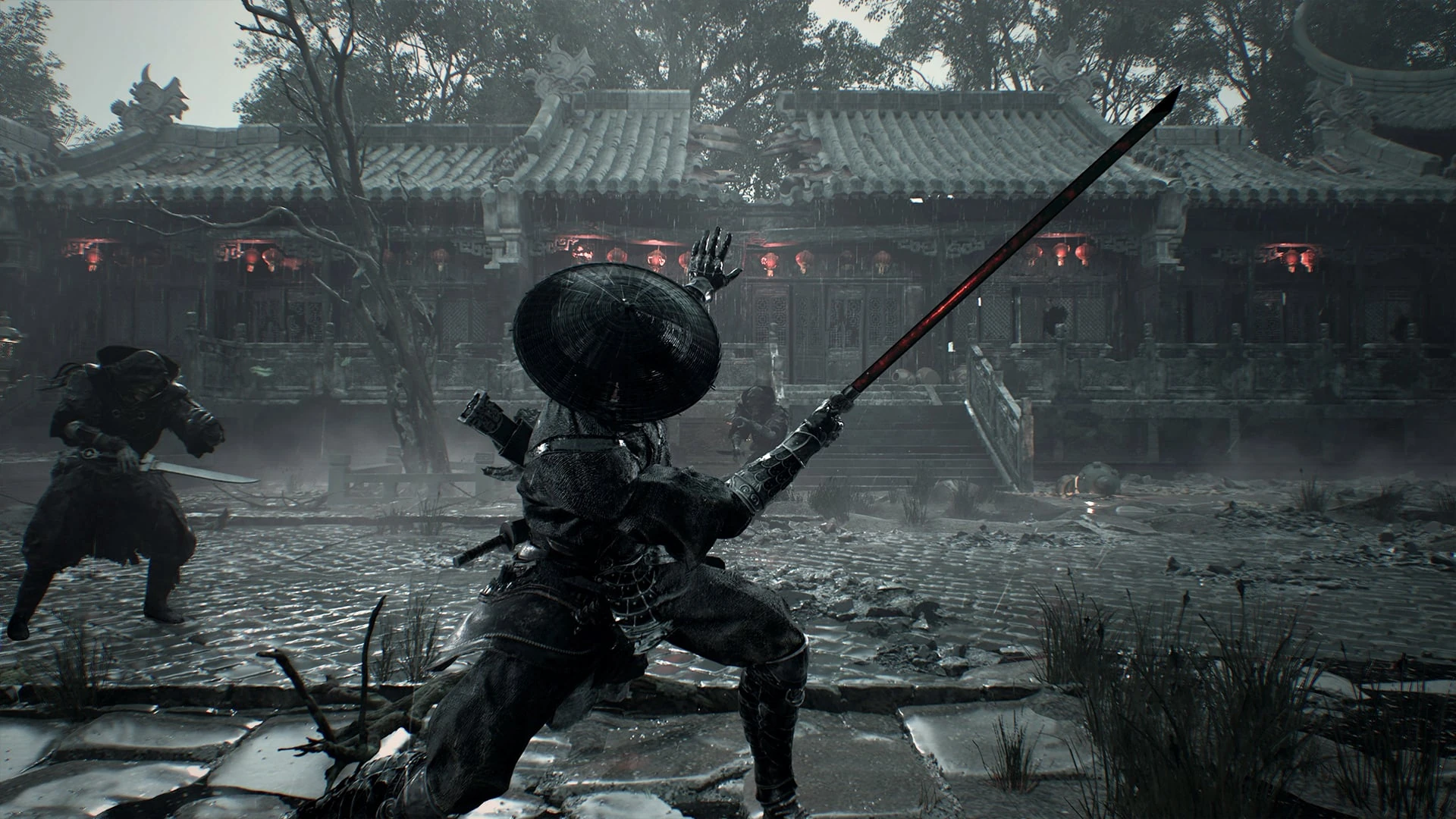 Official Phantom Blade Zero screenshot of Soul, wearing a wide conical hat, raising a long red-edged sword against an armed enemy in a rain-slick temple courtyard.