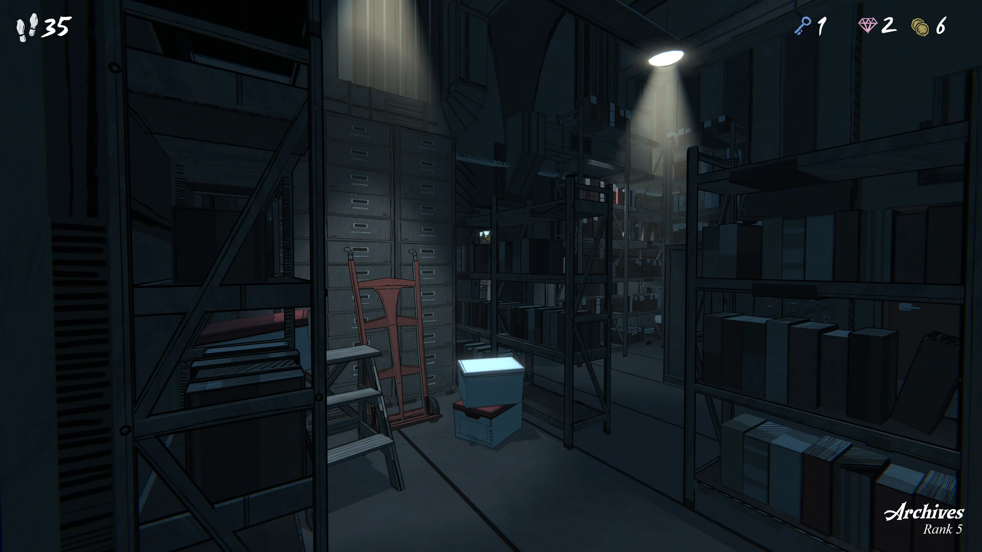 A dim archive room lined with metal shelving and filing drawers, with a hand truck and stacked boxes under a single ceiling light.