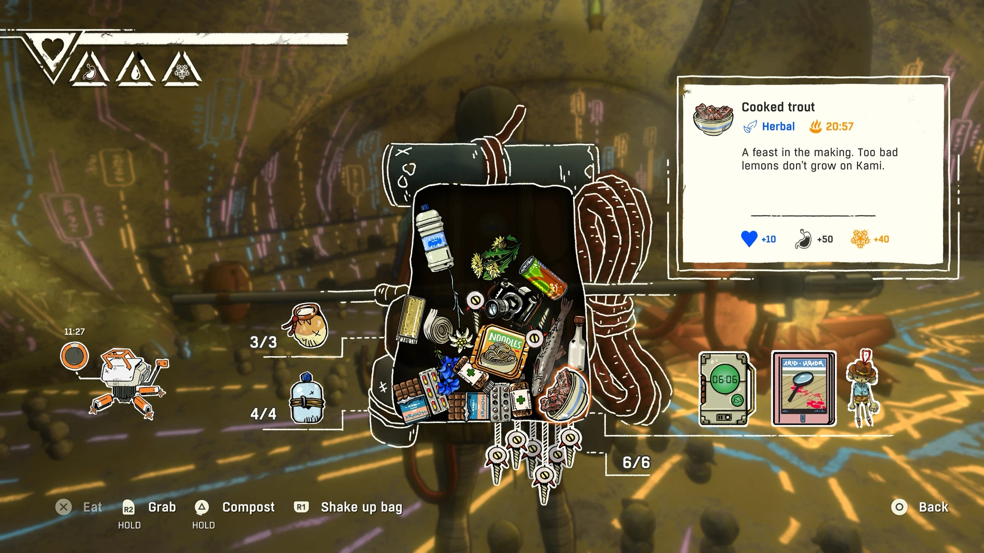 Official Cairn screenshot of the backpack inventory: an open pack holding food, water, rope and pitons, with an item card for cooked trout and its effects on Aava's survival gauges.