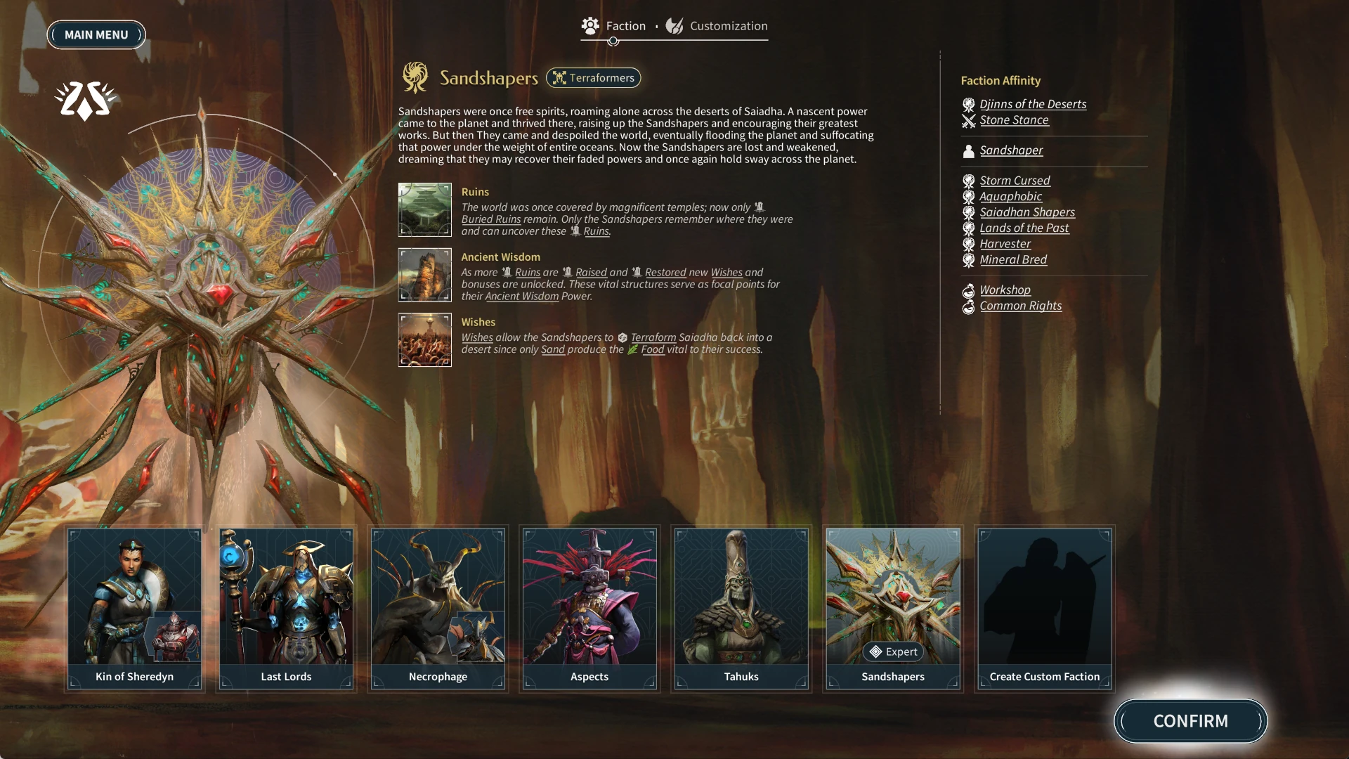 Official ENDLESS Legend 2 screenshot of the faction selection screen with the Sandshapers selected, showing their description and traits above a row of faction portraits.
