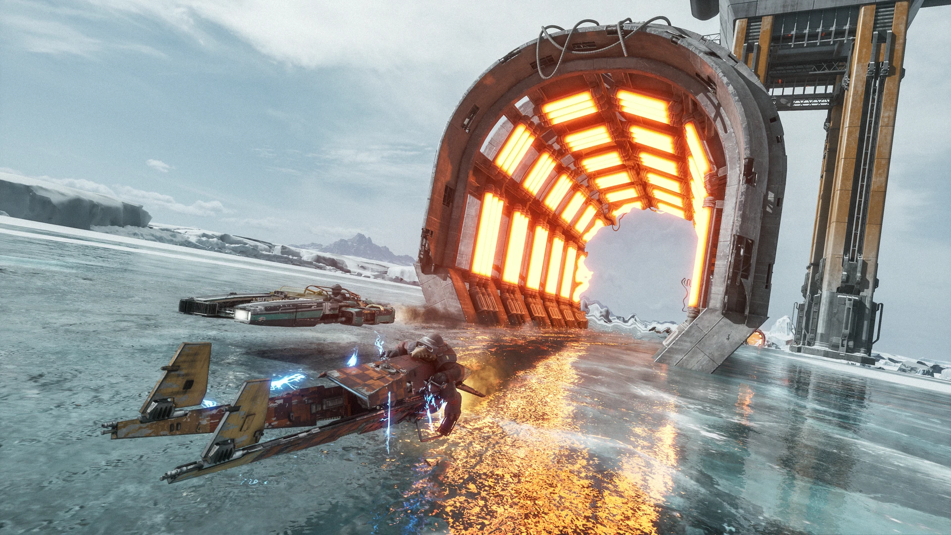A speeder bike and landspeeder race beside a glowing structure on an icy course