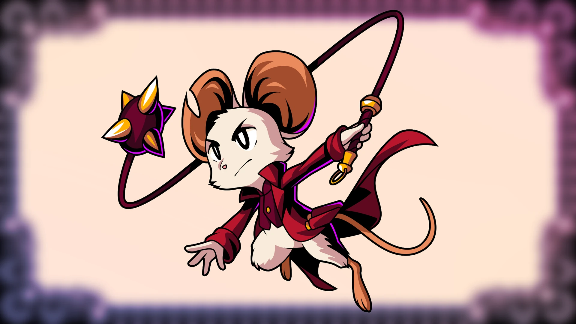 Official Mina the Hollower illustration of Mina, a white mouse in a red coat, swinging a star-tipped whip in a wide loop around herself inside a decorative frame.