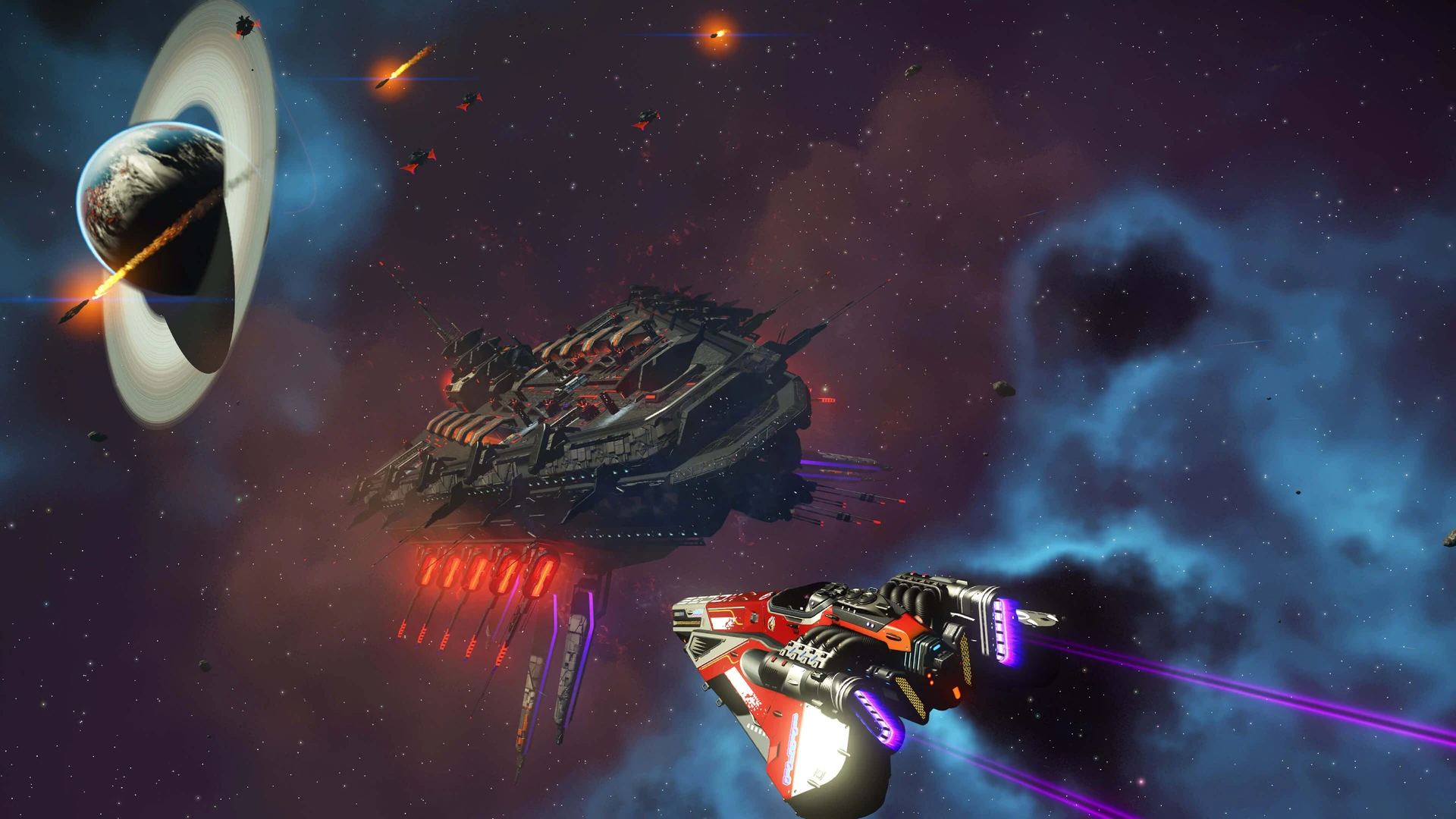A red-and-black starship fires purple beams toward a large dark capital ship in a nebula, with a ringed planet to the left.
