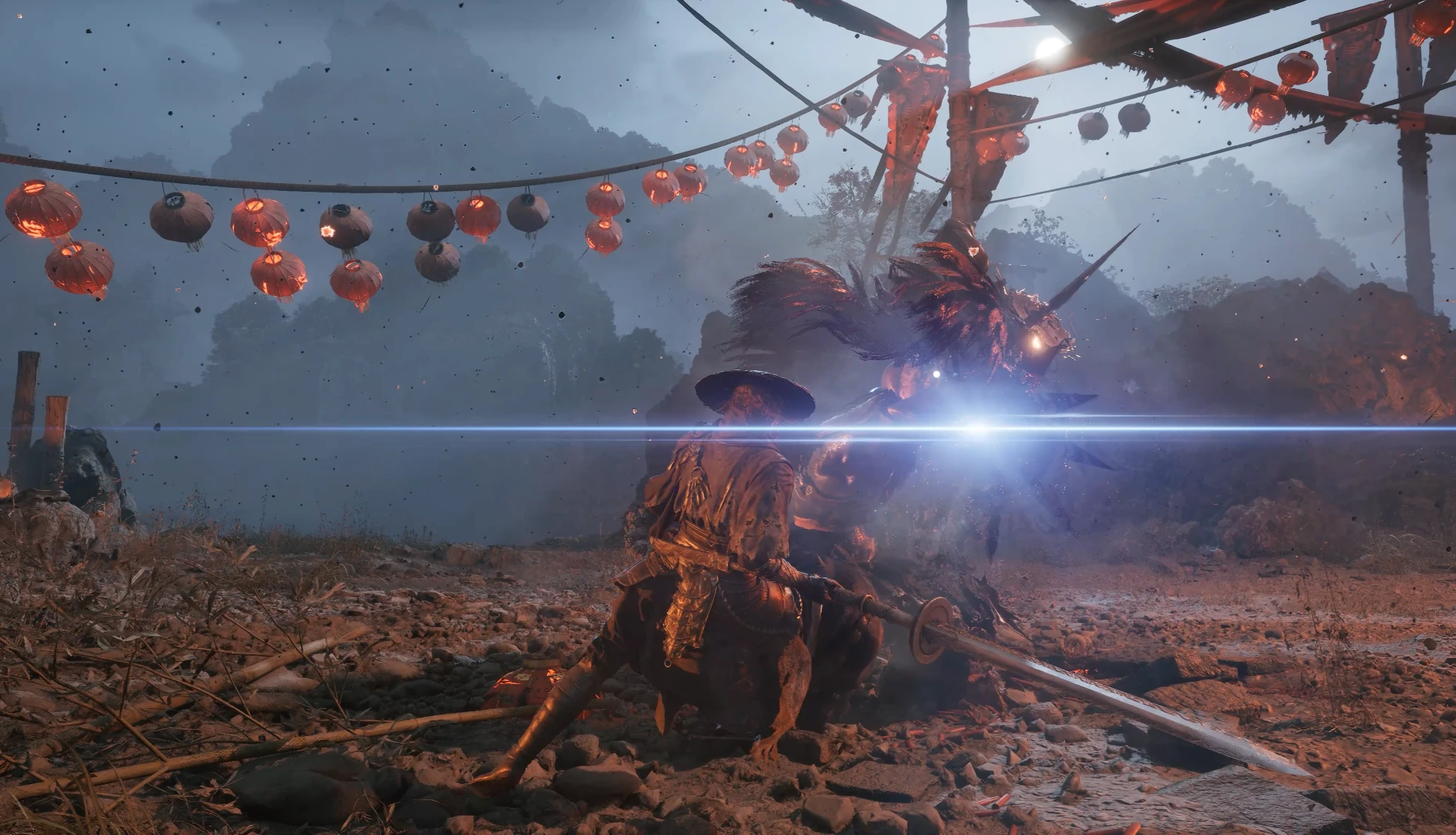 Official Phantom Blade Zero screenshot of Soul's blade meeting an armoured foe's weapon in a bright blue flash, under strings of red lanterns on a rocky battlefield.