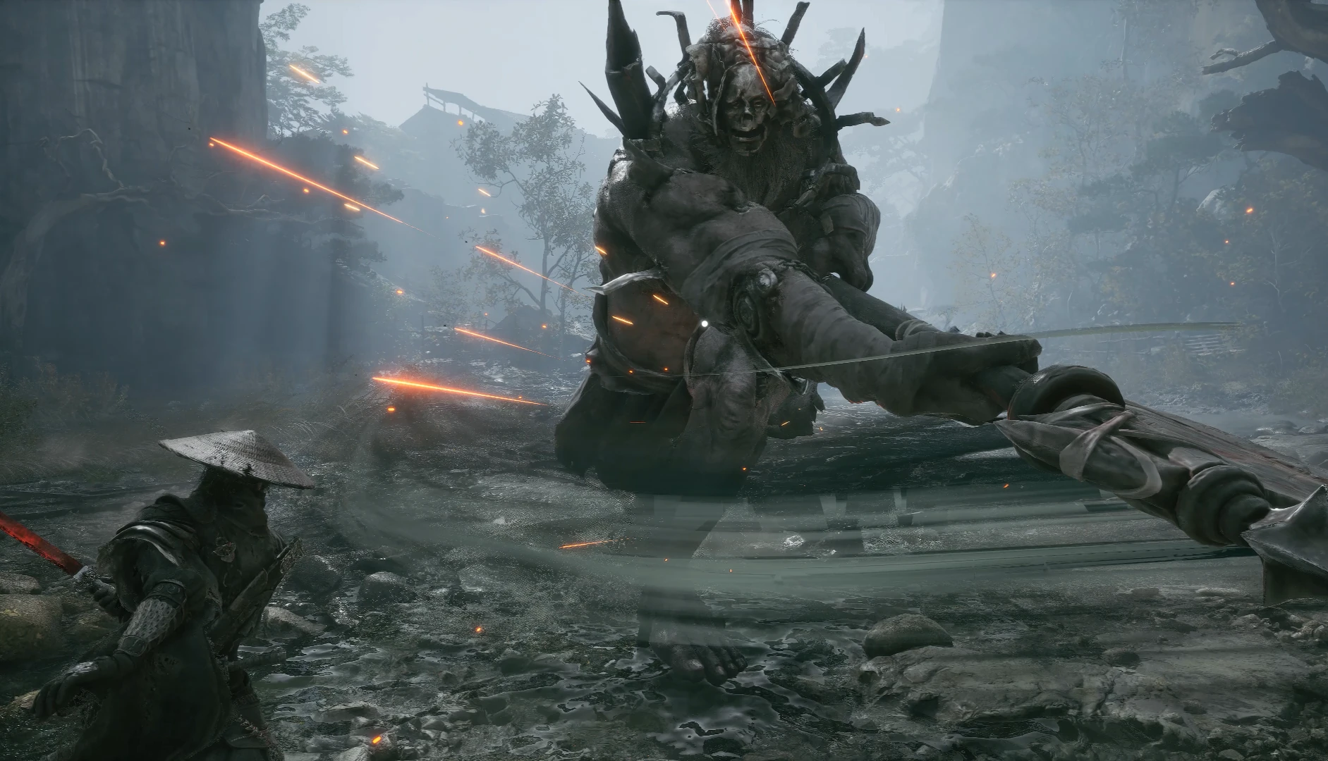 Official Phantom Blade Zero screenshot of Soul facing a towering horned brute who swings a huge staff as sparks fly through a misty canyon.