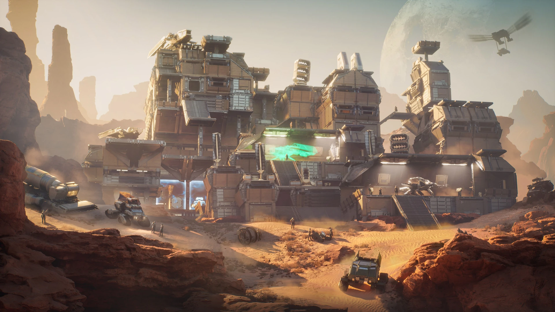 Official Dune: Awakening stronghold and ornithopter promotional scene