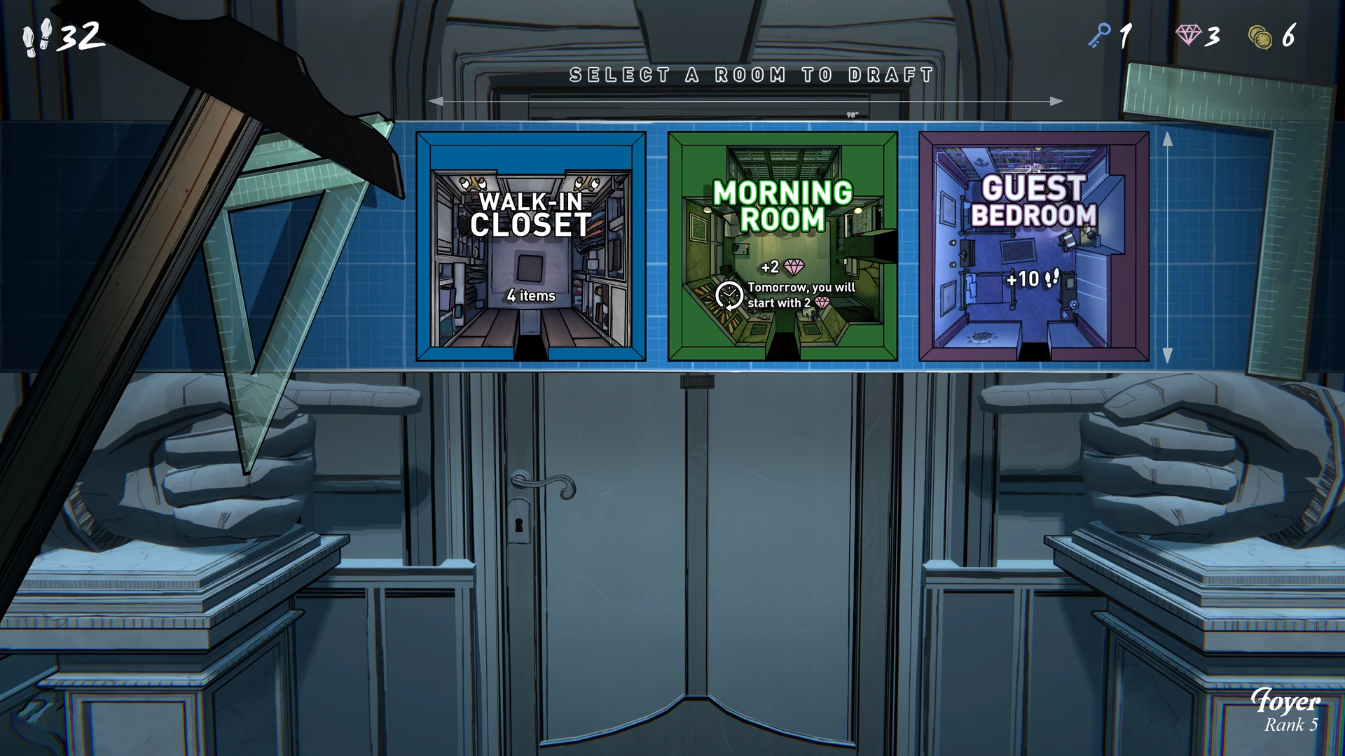 The room-drafting screen at a doorway, offering three room cards to choose from: a walk-in closet, a morning room and a guest bedroom.