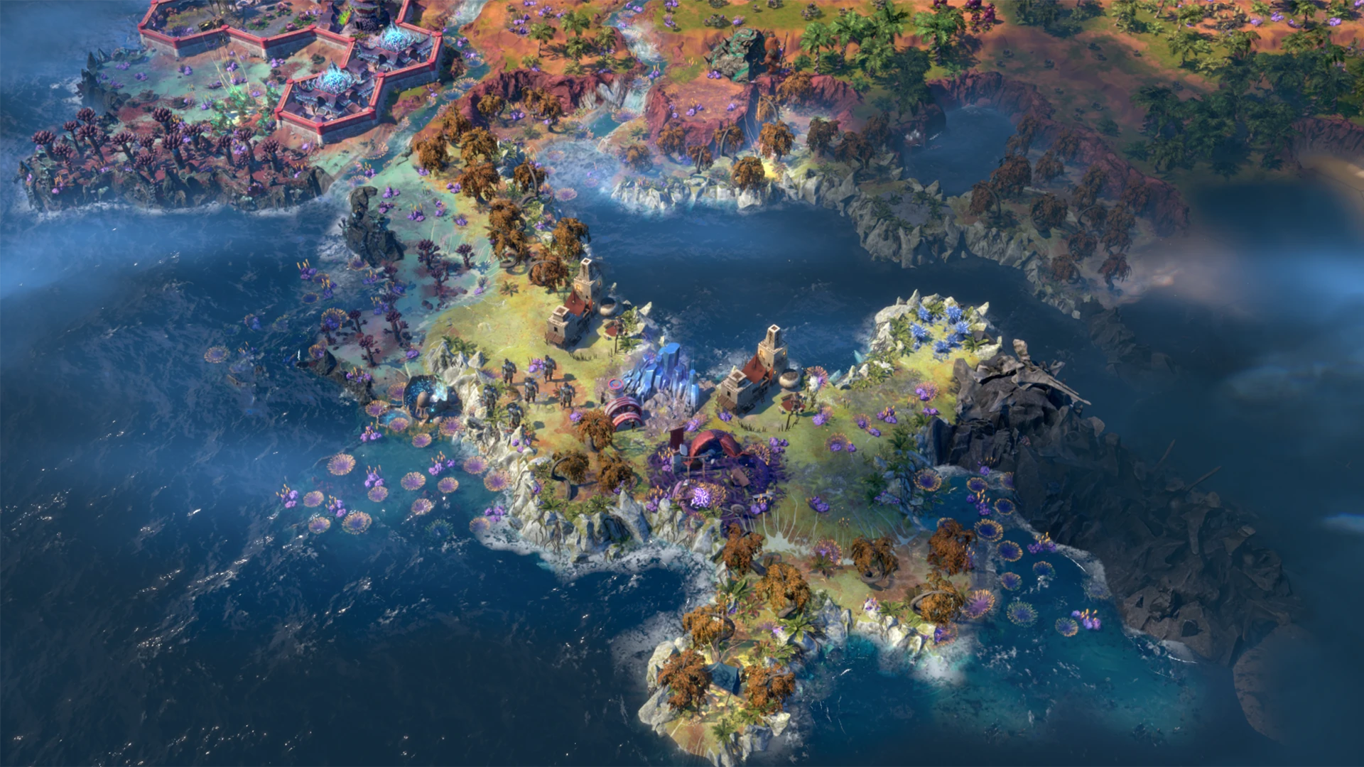 Official ENDLESS Legend 2 screenshot of the world map: islands and coastlines covered in colourful forests and small settlements, surrounded by deep blue sea.