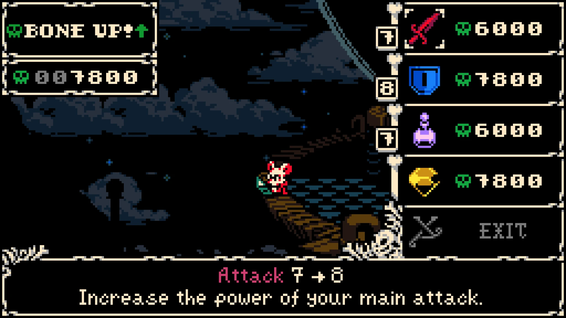 Official Mina the Hollower screenshot of the Bone Up upgrade menu listing attack, defence, vial and other upgrades with their costs, with the attack upgrade selected.