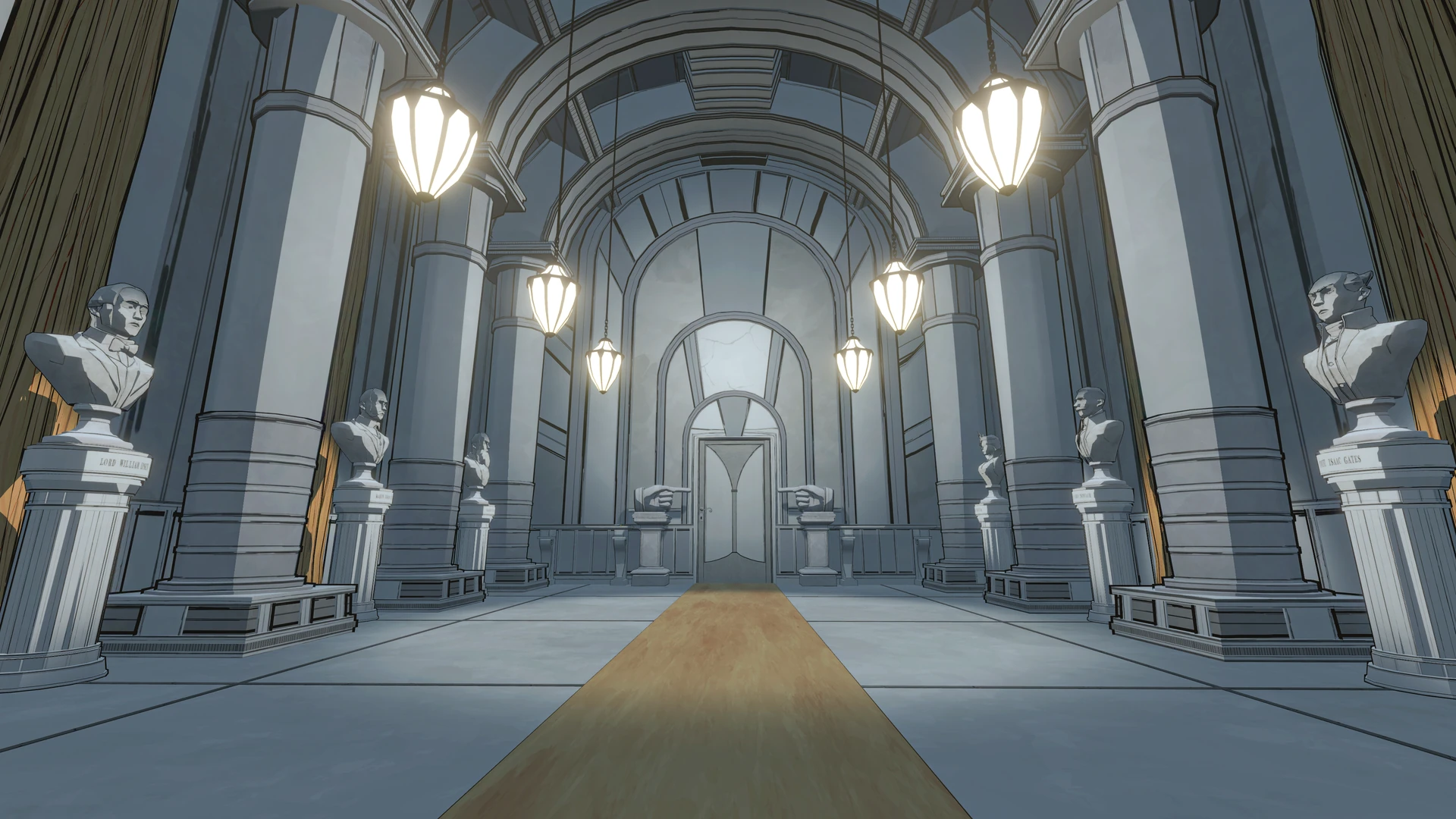 A long, vaulted hall lined with marble busts and hanging lamps, with a runner leading to a closed door at the far end.