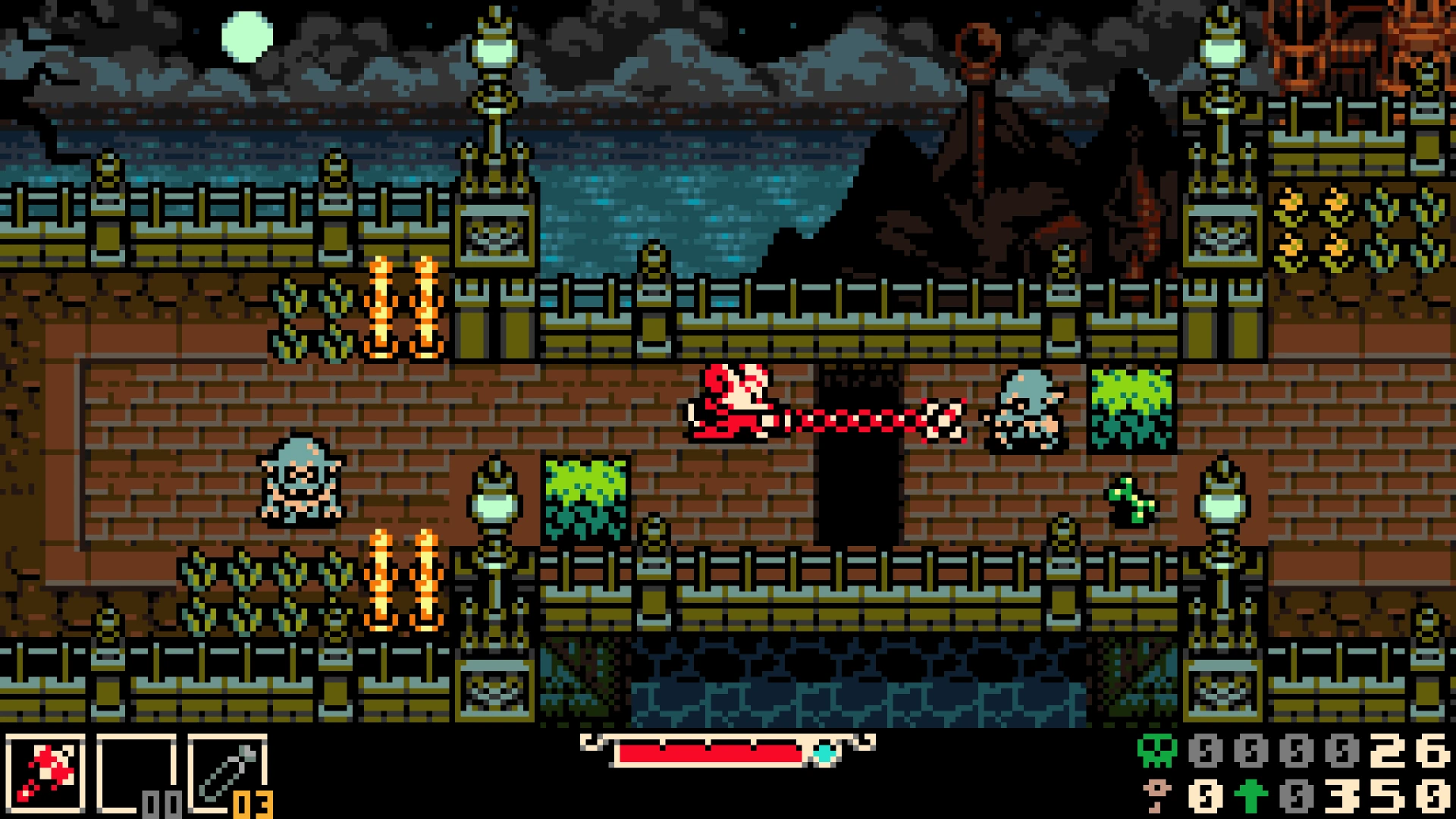 Official Mina the Hollower screenshot of Mina lashing her chain whip straight ahead at a grey, hunched ghoul on a brick walkway lined with railings and lamp posts at night, with a second ghoul behind her.