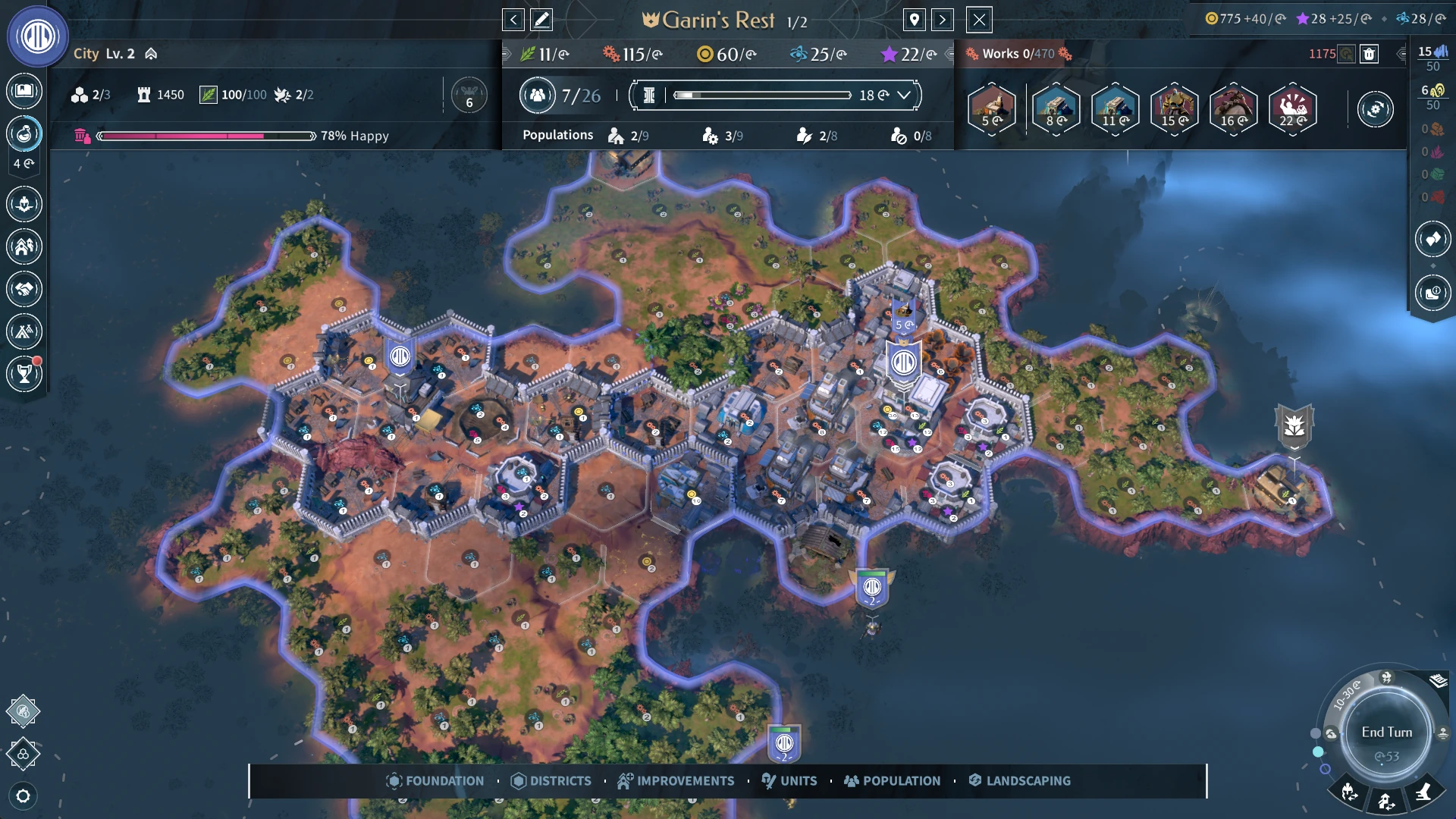 Official ENDLESS Legend 2 screenshot of a Kin of Sheredyn city with its hexagonal districts outlined on the map, resource and population counters along the top and building categories along the bottom.