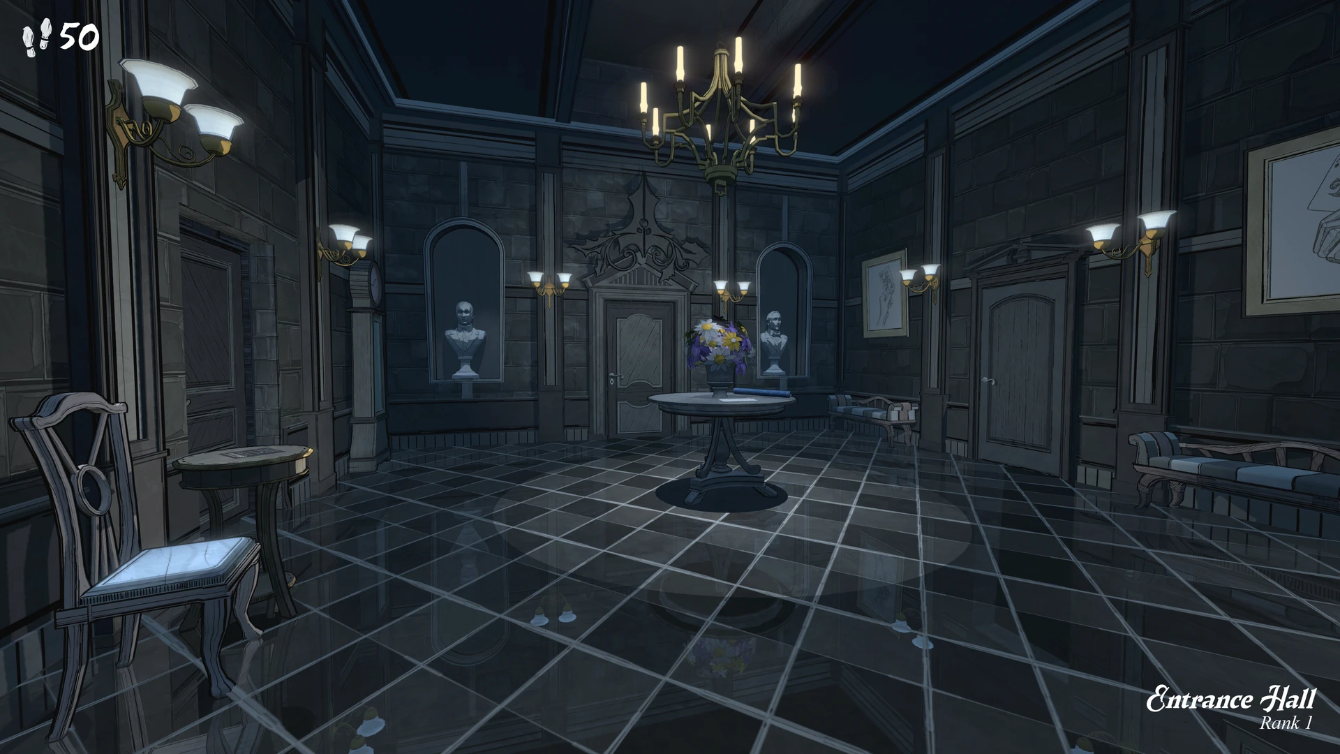 A dim entrance hall with a checkered floor, a chandelier and a round table, with doorways leading off on several sides.