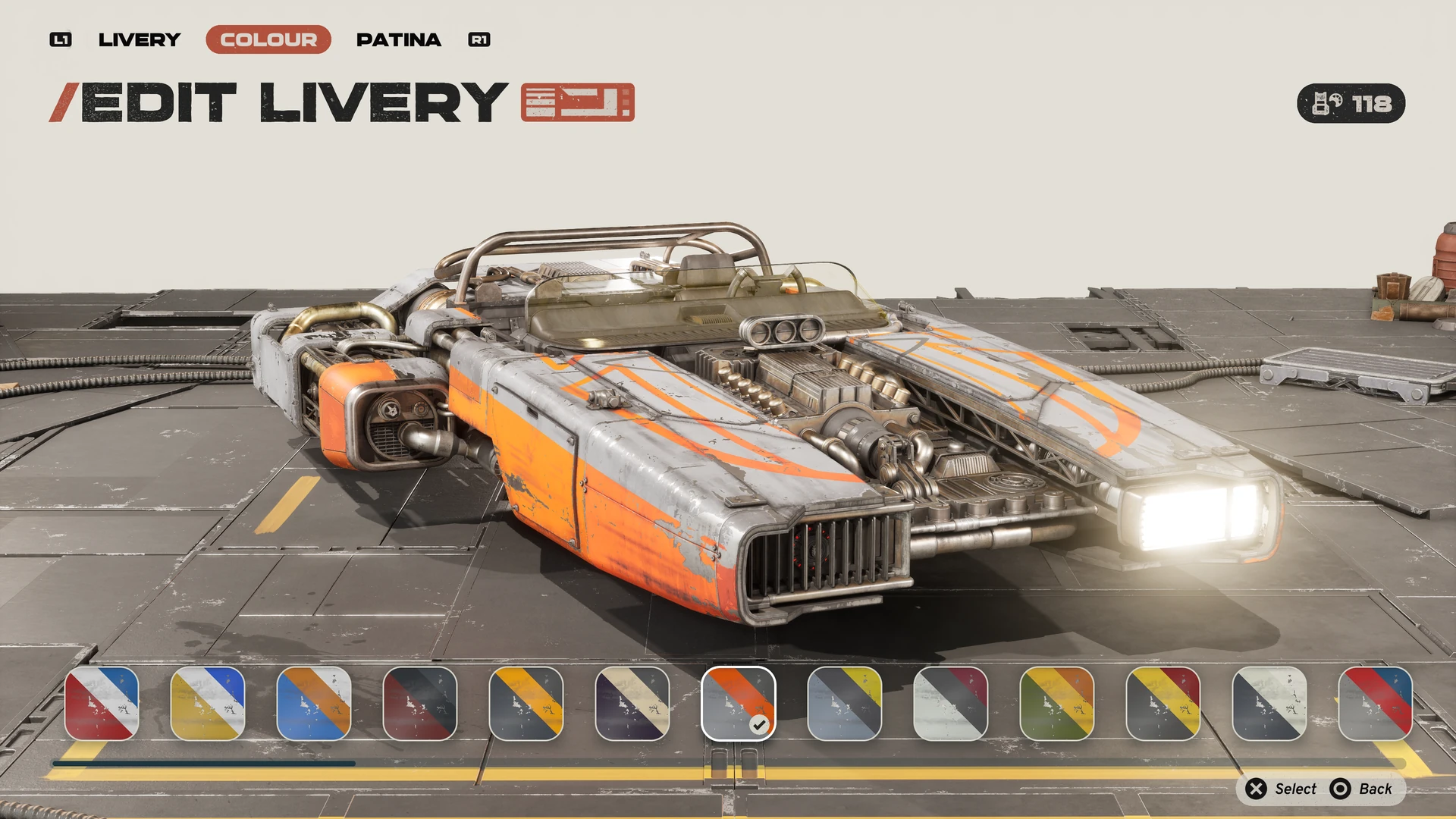 A landspeeder displayed in the official livery colour customization screen