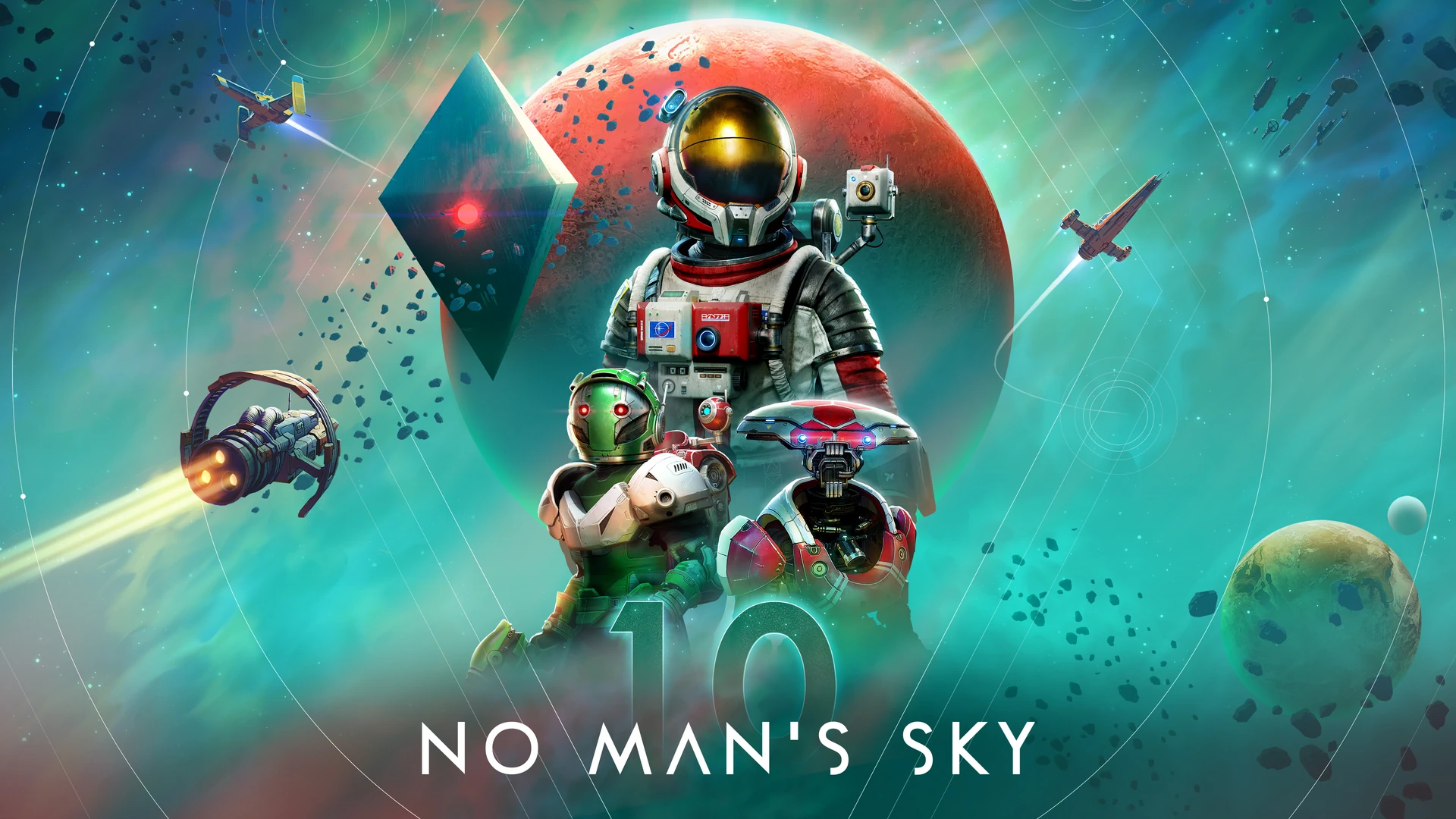 Tenth-anniversary key art: an astronaut in a red-and-white suit stands with two small robot companions in front of a red planet, a diamond-shaped symbol, spaceships and drifting asteroids, above the No Man's Sky title.