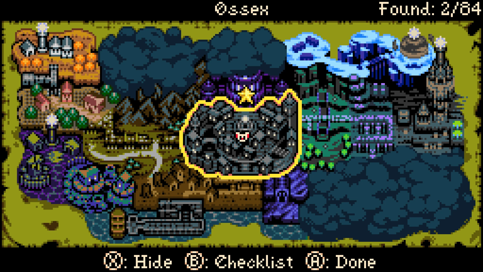 Official Mina the Hollower screenshot of the in-game map for the Ossex region: a pixel-art overworld of towns, forests, lakes and mountains with one area outlined and a counter reading Found: 2/84.