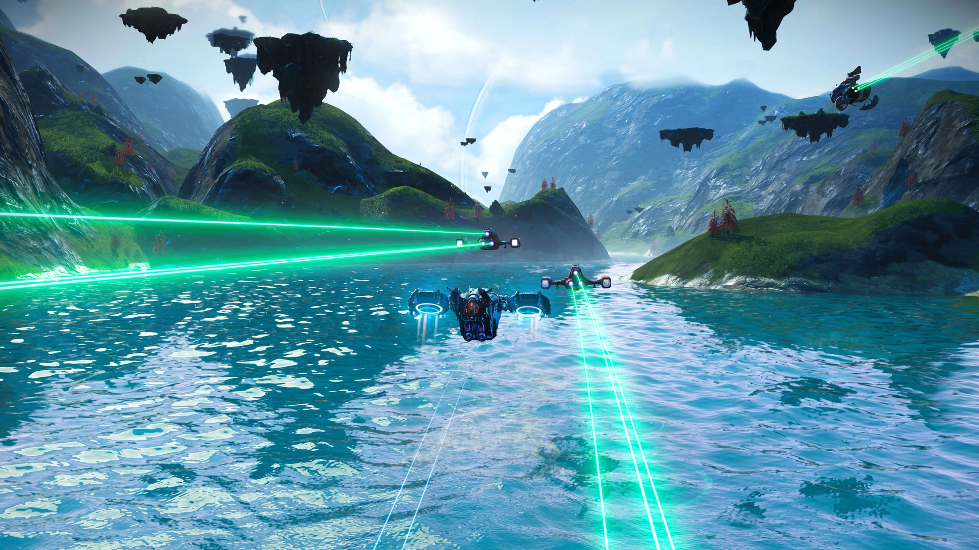 Starships skim low over turquoise water between green islands, with floating rock formations above and green laser fire crossing the scene.