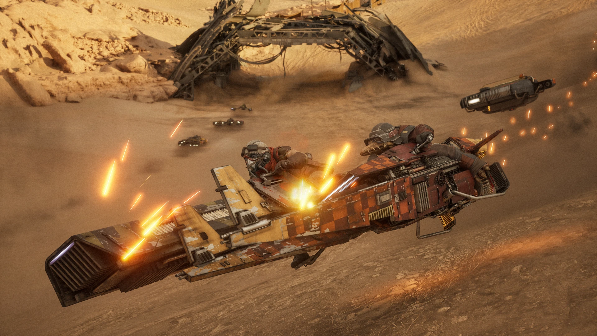 Two repulsorcraft collide while racing through a rocky canyon