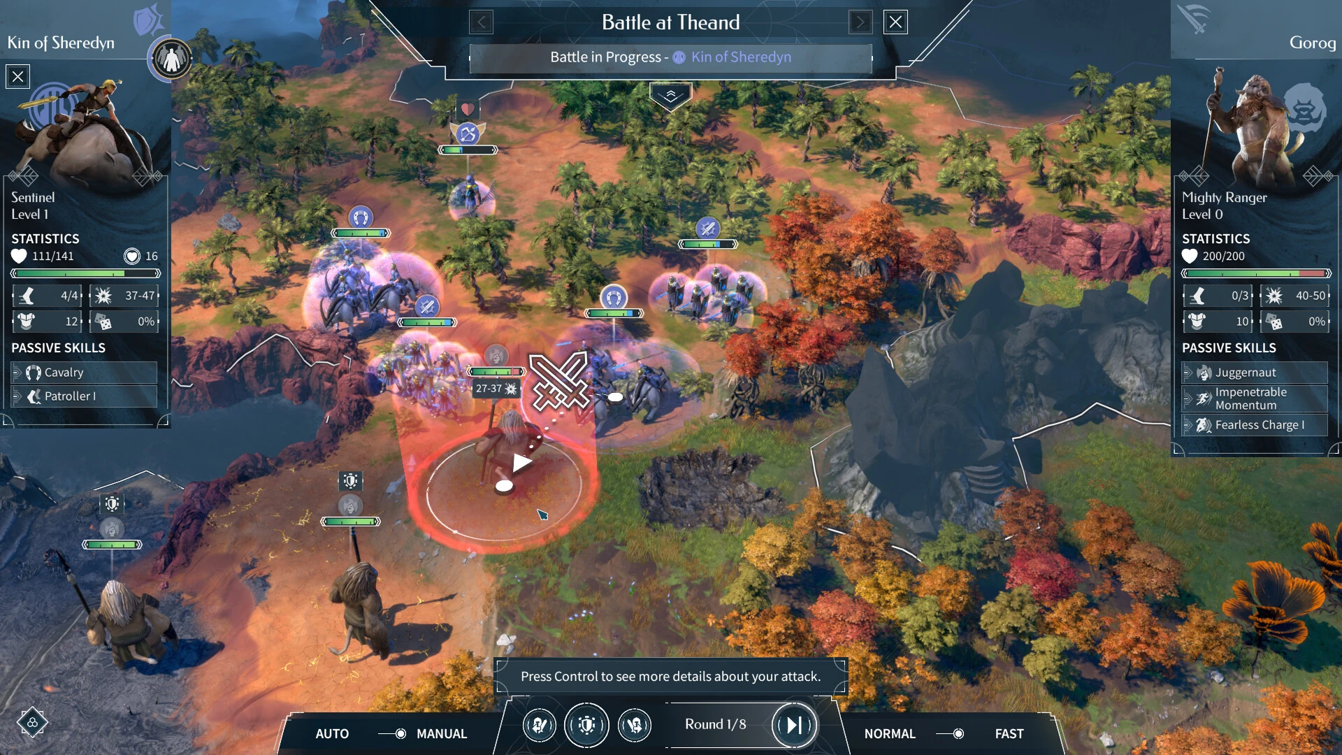 Official ENDLESS Legend 2 screenshot of a battle on the campaign map: Kin of Sheredyn units face an enemy unit among trees, with unit statistics panels on both sides and round controls at the bottom.