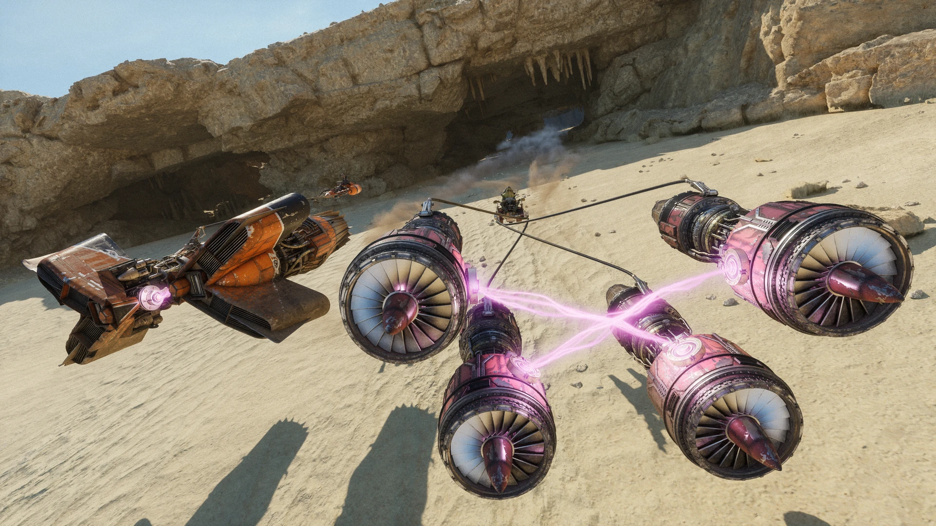 Podracers race closely together through a sandy canyon